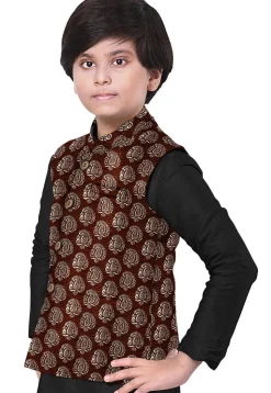 Hand Block Printed Art Silk Nehru Jacket in Brown