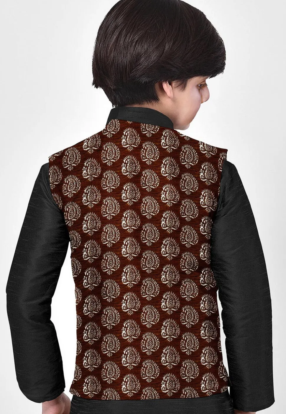 Hand Block Printed Art Silk Nehru Jacket in Brown