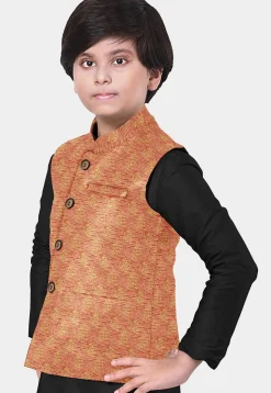 Hand Block Printed Art Silk Nehru Jacket in Peach