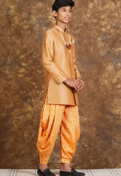 Hand Block Printed Art Silk Sherwani in Beige