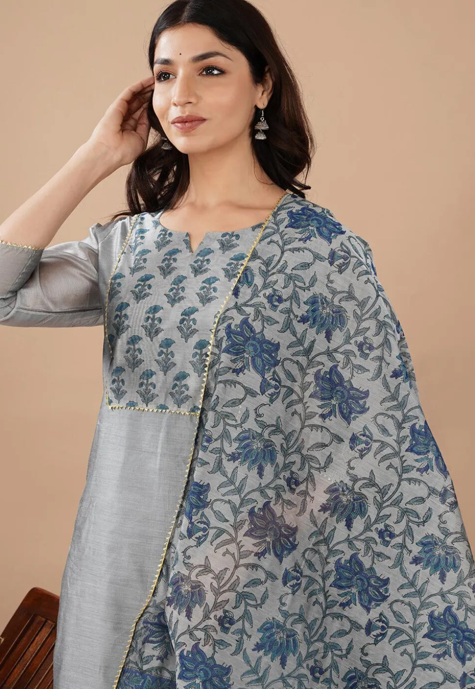 Hand Block Printed Chanderi Silk Pakistani Suit in Grey