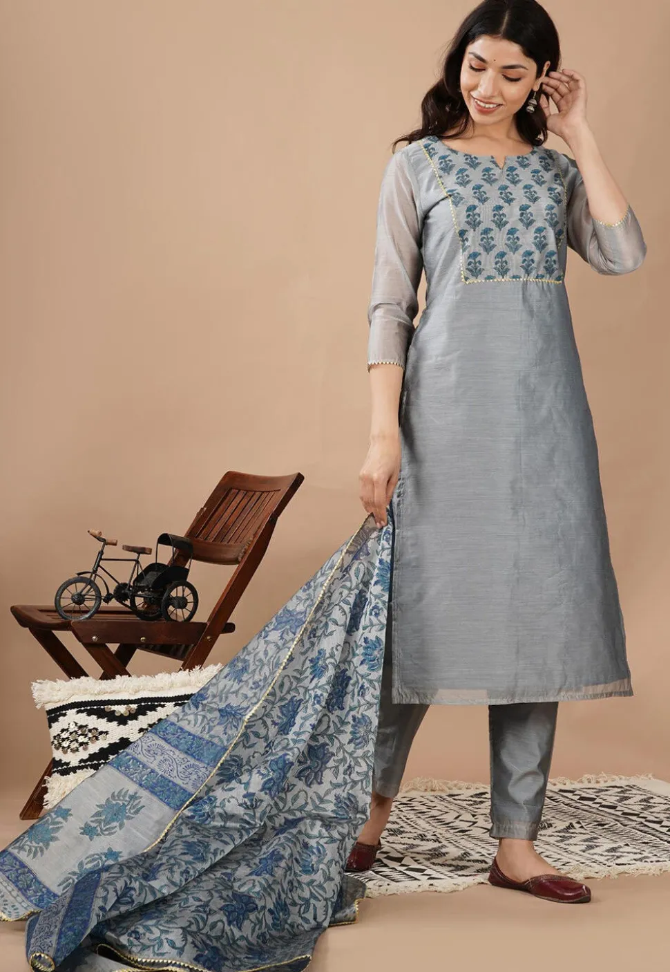 Hand Block Printed Chanderi Silk Pakistani Suit in Grey