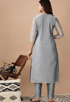 Hand Block Printed Chanderi Silk Pakistani Suit in Grey