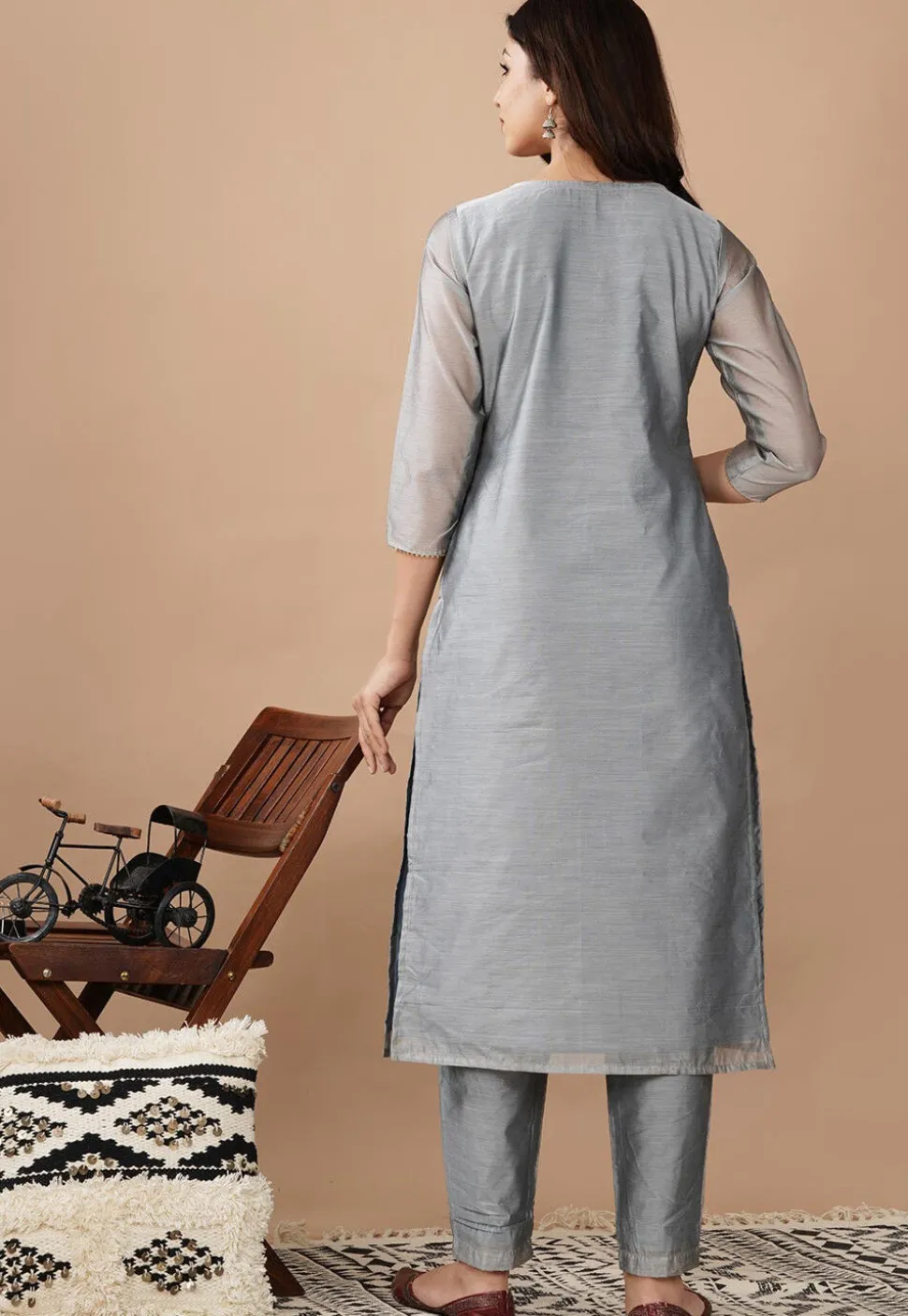 Hand Block Printed Chanderi Silk Pakistani Suit in Grey