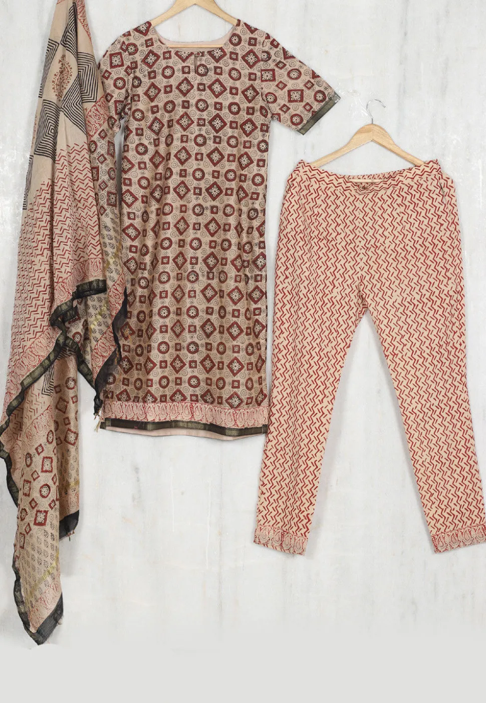 Hand Block Printed Chanderi Cotton Pakistani Suit in Beige