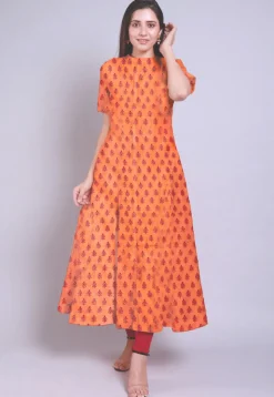 Hand Block Printed Chanderi Cotton Anarkali Kurta in Orange
