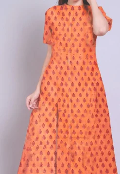 Hand Block Printed Chanderi Cotton Anarkali Kurta in Orange