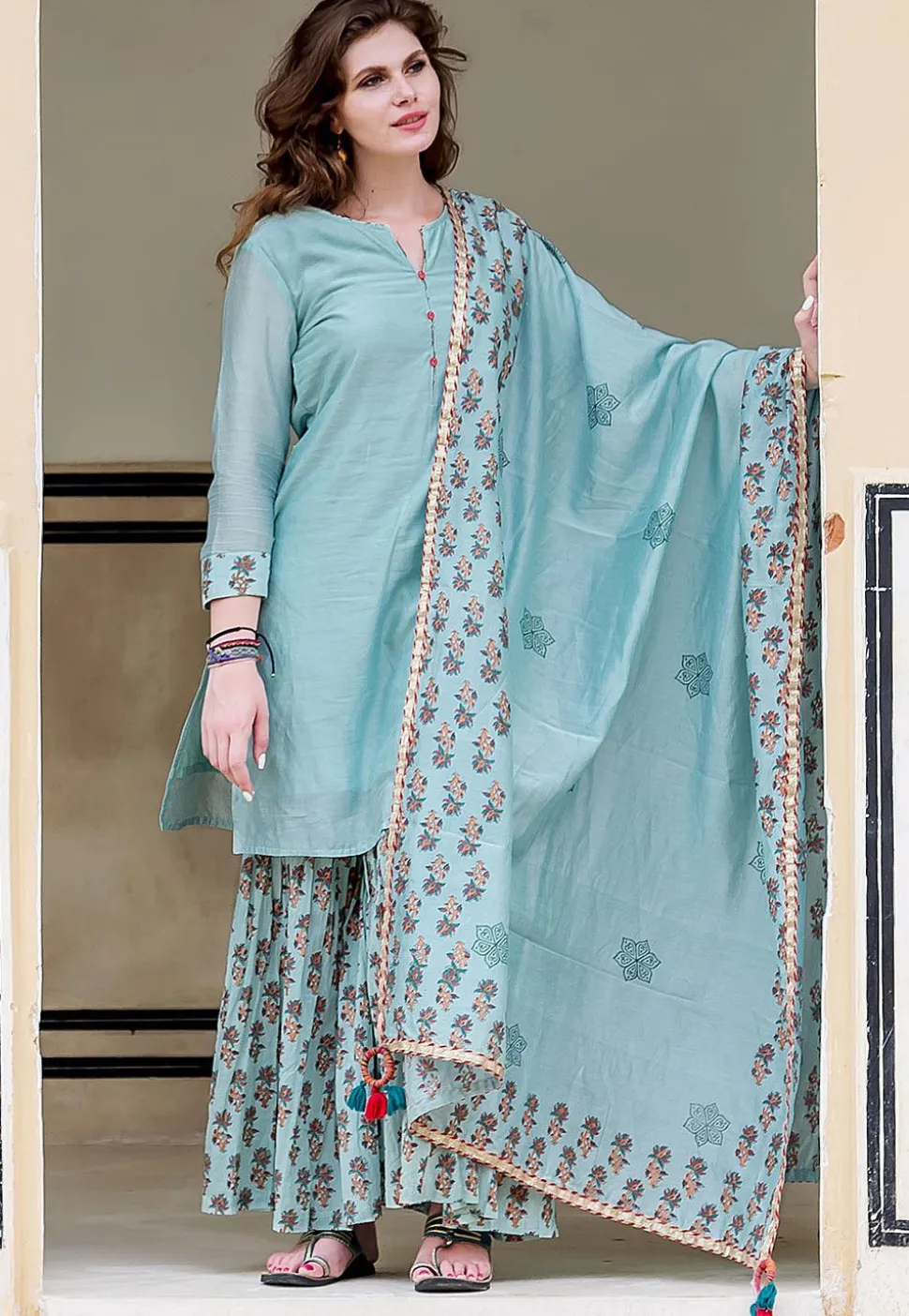 Hand Block Printed Chanderi Silk Pakistani Suit in Sky Blue