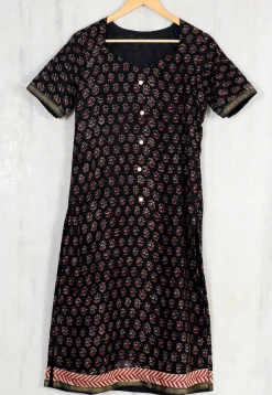 Hand Block Printed Chanderi Cotton Straight Kurta in Black