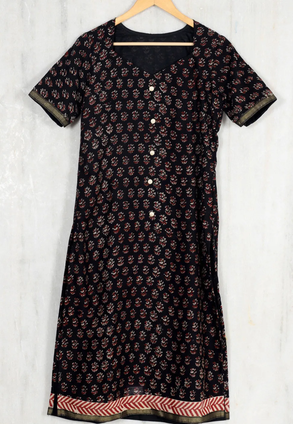 Hand Block Printed Chanderi Cotton Straight Kurta in Black