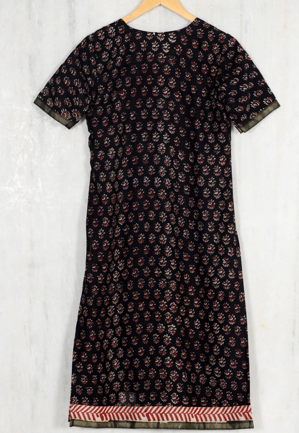 Hand Block Printed Chanderi Cotton Straight Kurta in Black