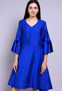 Hand Block Printed Cotton Silk Fit N Flare Dress in Royal Blue