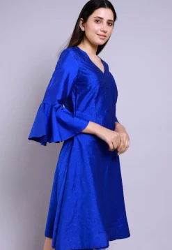 Hand Block Printed Cotton Silk Fit N Flare Dress in Royal Blue