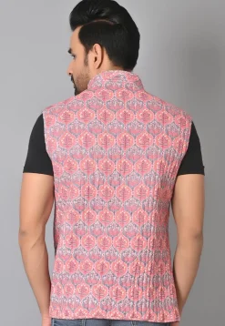 Hand Block Printed Cotton Reversible Warm Jacket in Peach