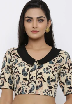 Hand Block Printed Cotton Blouse in Beige
