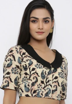 Hand Block Printed Cotton Blouse in Beige