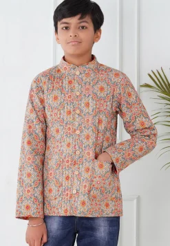 Hand Block Printed Cotton Reversible Jacket in Grey and Orange