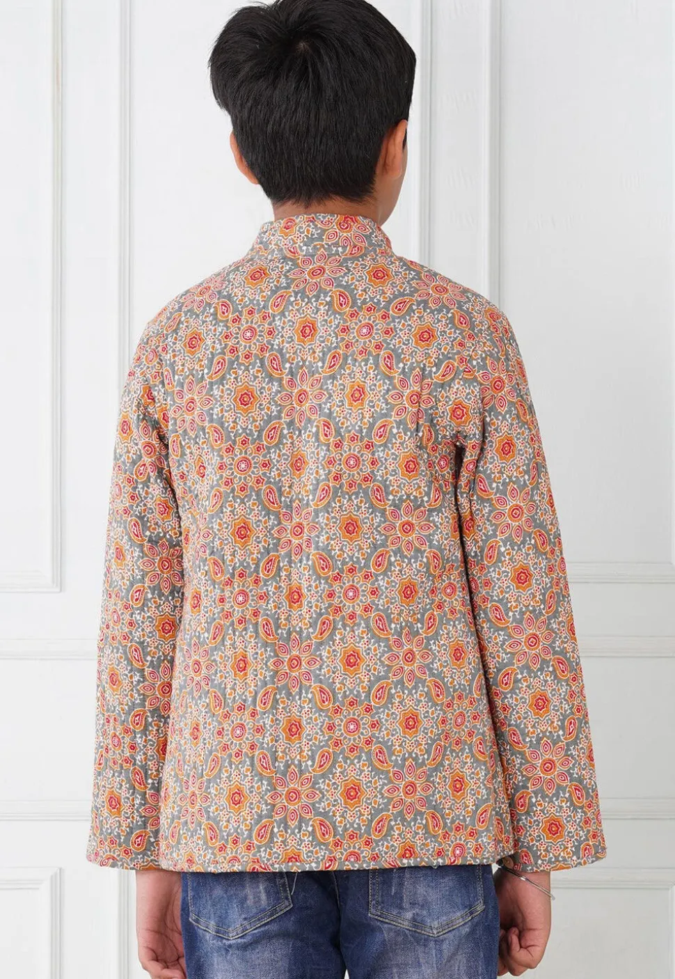 Hand Block Printed Cotton Reversible Jacket in Grey and Orange
