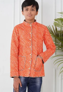 Hand Block Printed Cotton Reversible Jacket in Grey and Orange