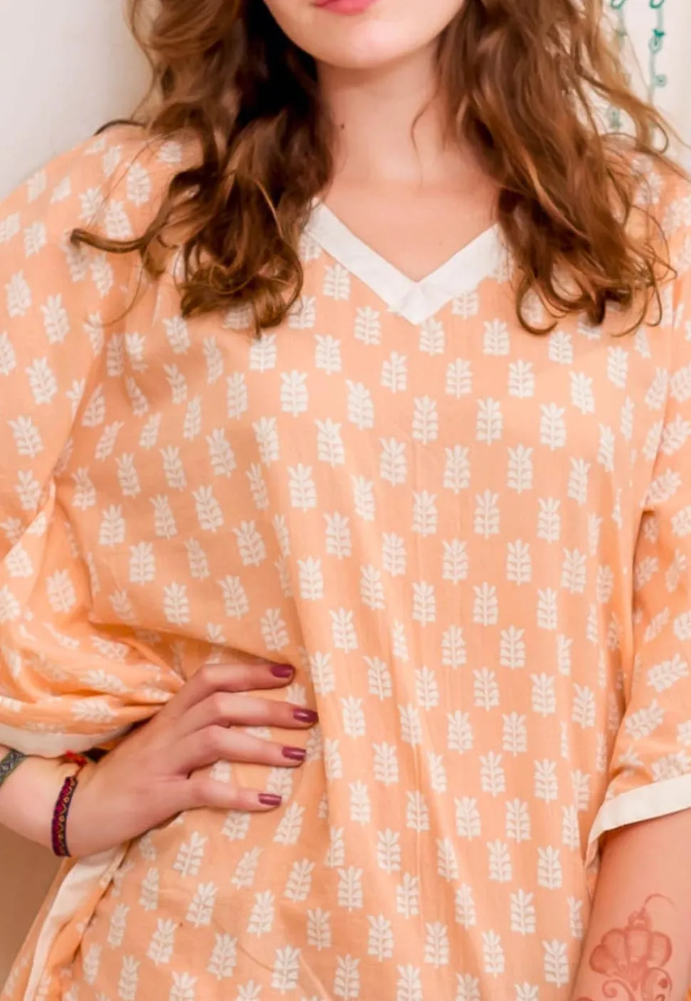 Hand Block Printed Cotton Kaftan in Peach