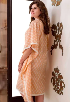 Hand Block Printed Cotton Kaftan in Peach