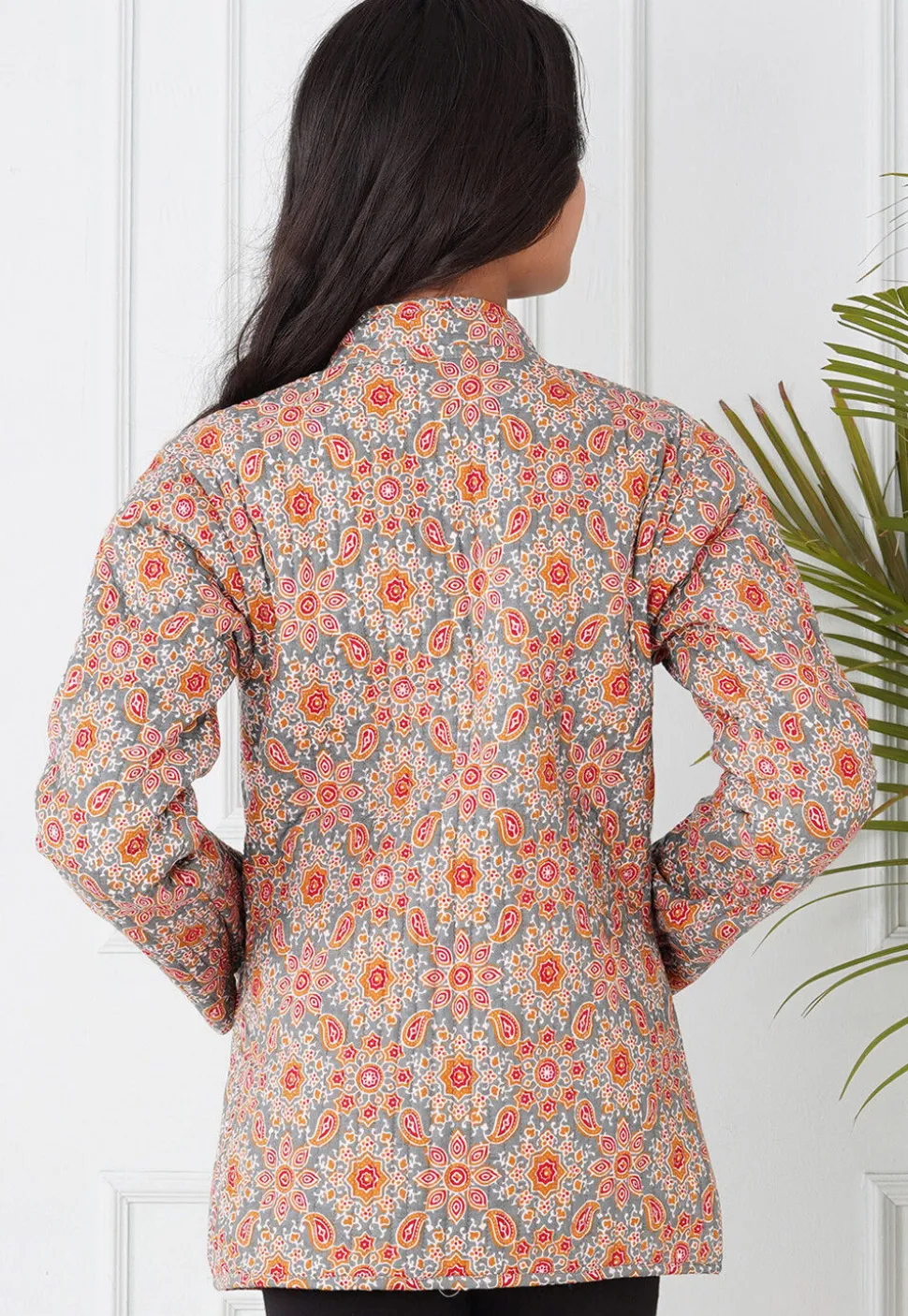Hand Block Printed Cotton Reversible Jacket in Grey and Orange