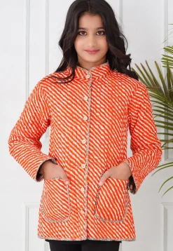 Hand Block Printed Cotton Reversible Jacket in Grey and Orange