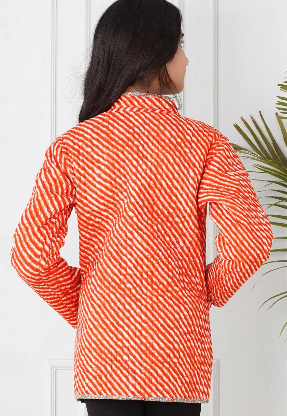 Hand Block Printed Cotton Reversible Jacket in Grey and Orange