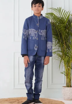 Hand Block Printed Cotton Reversible Jacket in Indigo Blue