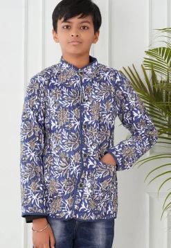 Hand Block Printed Cotton Reversible Jacket in Indigo Blue