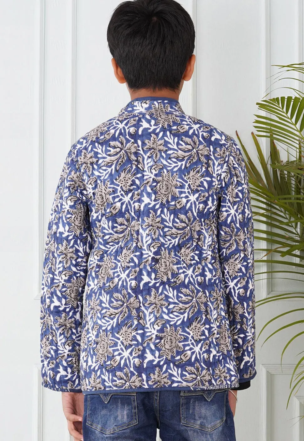 Hand Block Printed Cotton Reversible Jacket in Indigo Blue