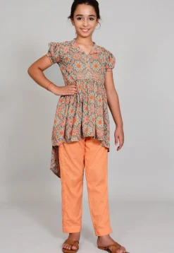 Hand Block Printed Cotton Hight Low Tunic Set in Grey