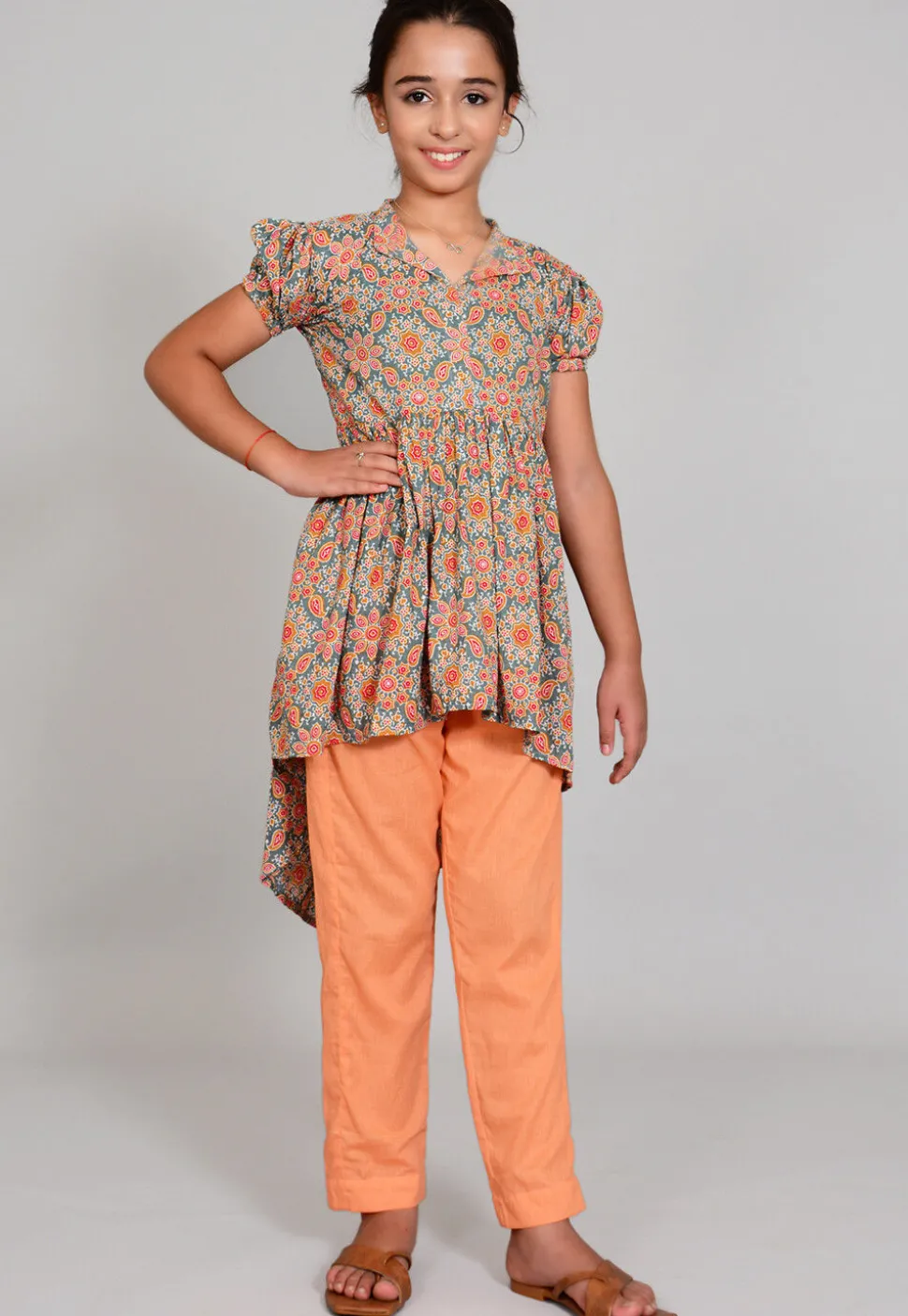 Hand Block Printed Cotton Hight Low Tunic Set in Grey