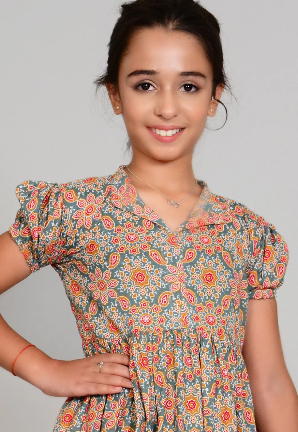 Hand Block Printed Cotton Hight Low Tunic Set in Grey