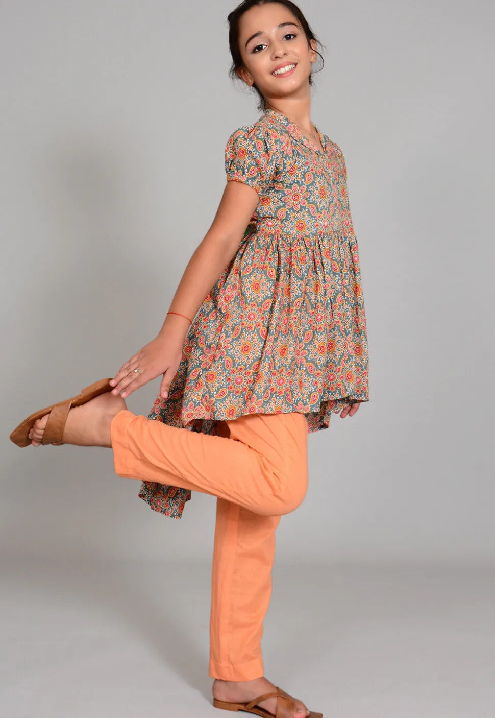 Hand Block Printed Cotton Hight Low Tunic Set in Grey