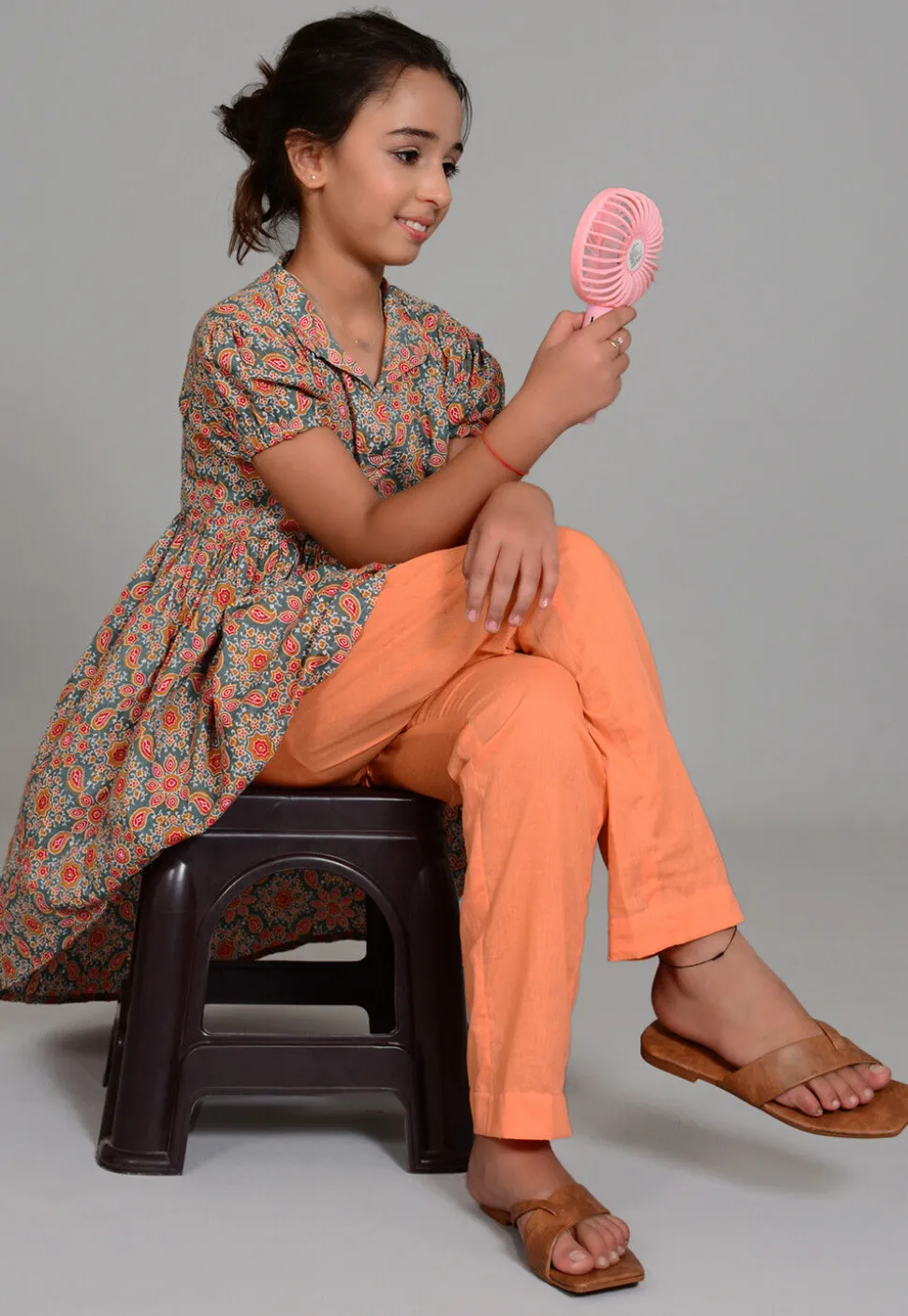 Hand Block Printed Cotton Hight Low Tunic Set in Grey