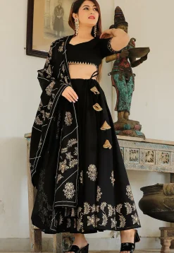 Hand Block Printed Cotton Lehenga in Black