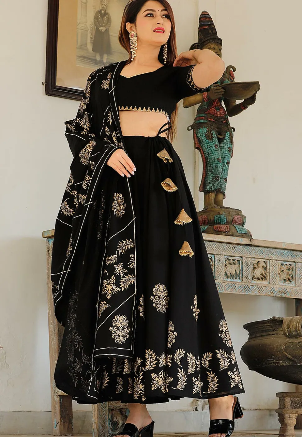 Hand Block Printed Cotton Lehenga in Black