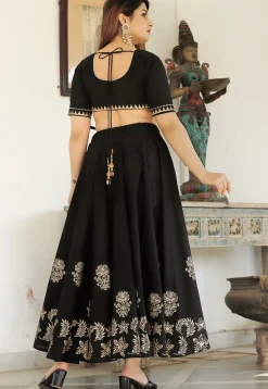 Hand Block Printed Cotton Lehenga in Black