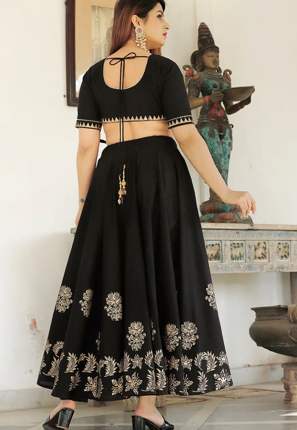 Hand Block Printed Cotton Lehenga in Black