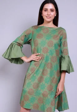 Hand Block Printed Cotton Silk Sheath Dress in Dusty Green