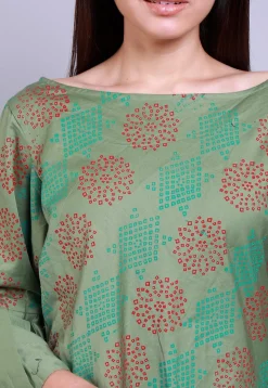 Hand Block Printed Cotton Silk Sheath Dress in Dusty Green