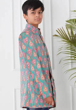 Hand Block Printed Cotton Jacket in Sea Green