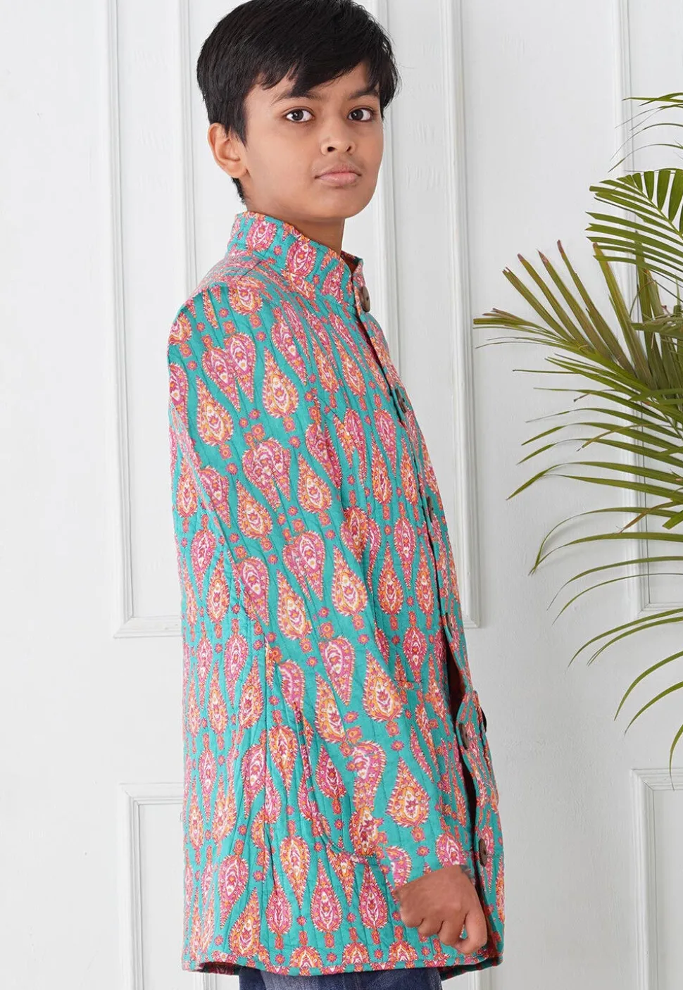 Hand Block Printed Cotton Jacket in Sea Green