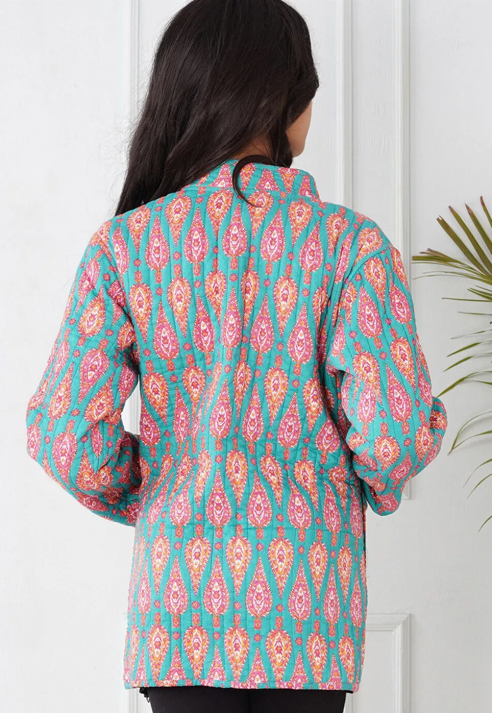 Hand Block Printed Cotton Reversible Jacket in Pink and Sea Green