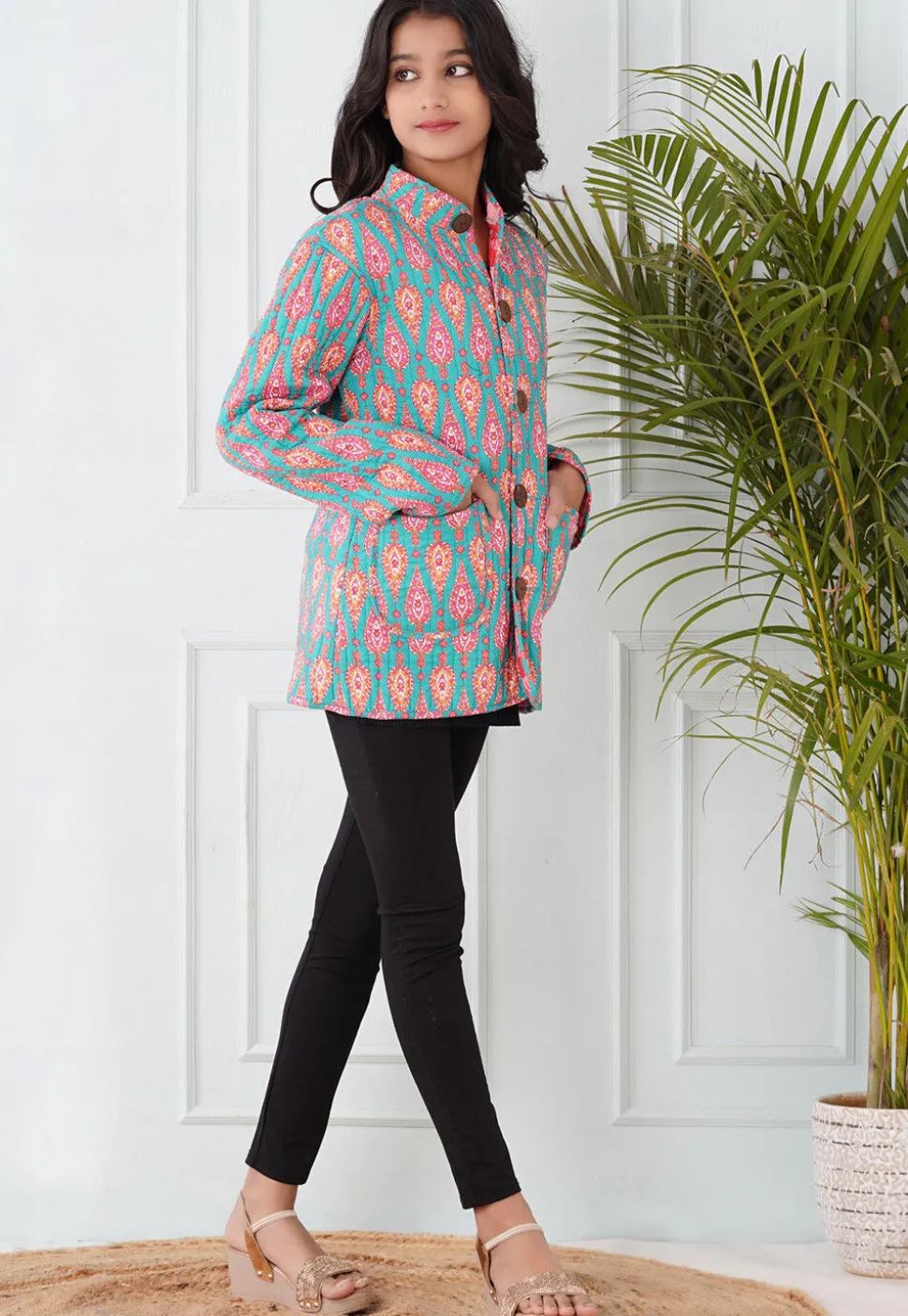 Hand Block Printed Cotton Reversible Jacket in Pink and Sea Green