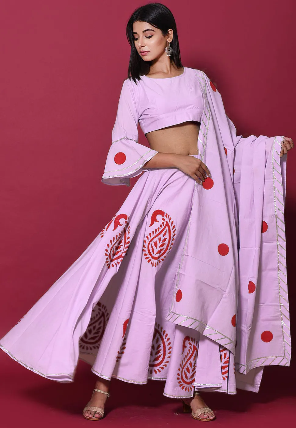 Hand Block Printed Cotton Lehenga in Light Purple