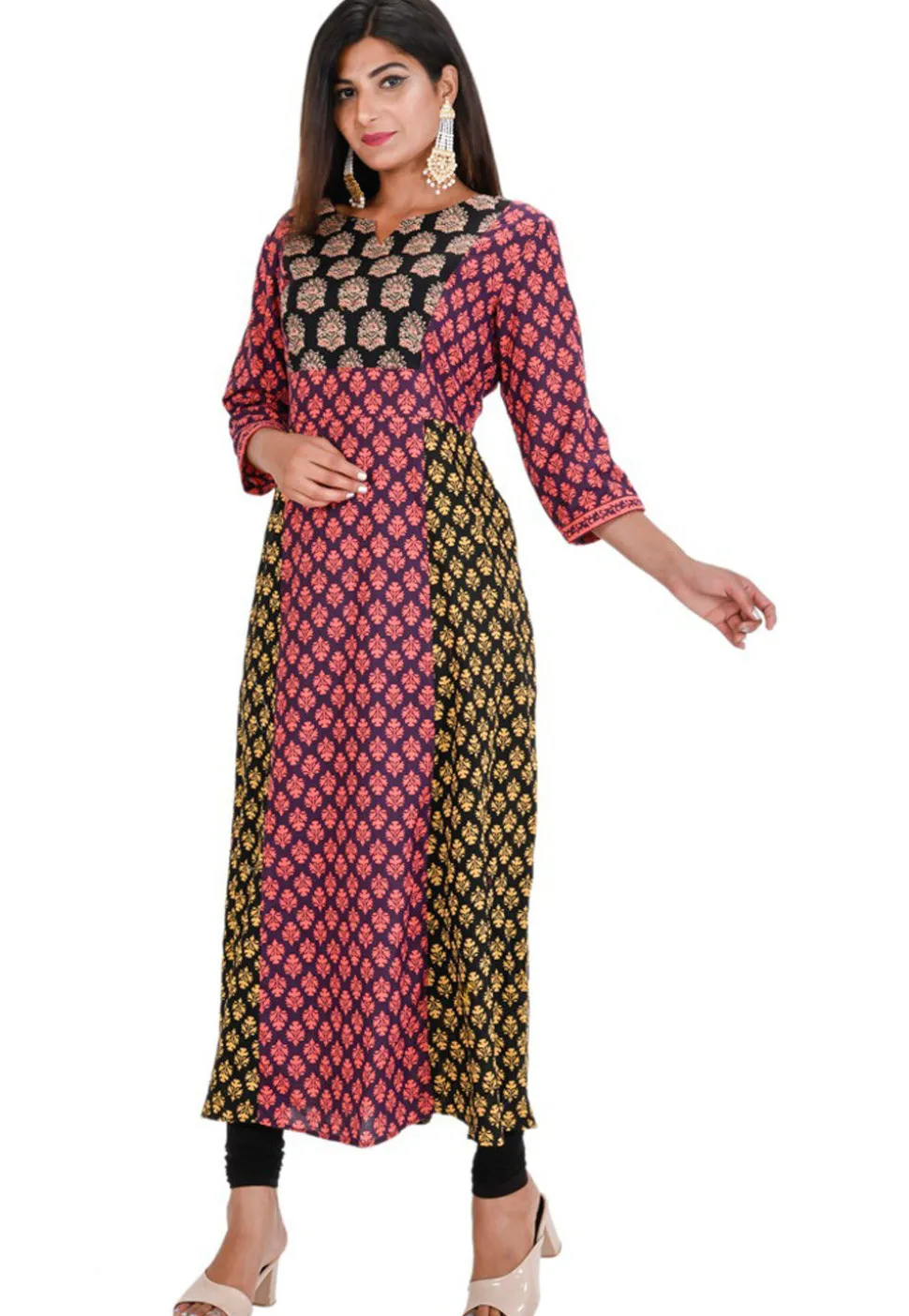Hand Block Printed Cotton A Line Kurta in Multicolor