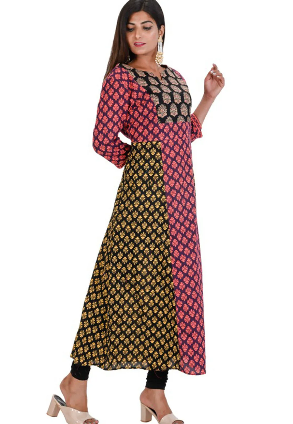 Hand Block Printed Cotton A Line Kurta in Multicolor