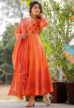 Hand Block Printed Cotton Pakistani Suit in Orange